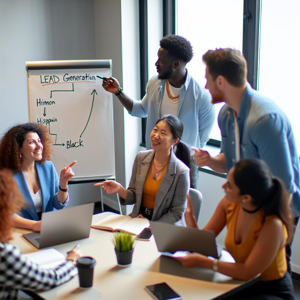 A group of professionals at Waypost Marketing discussing lead generation strategies and insights.